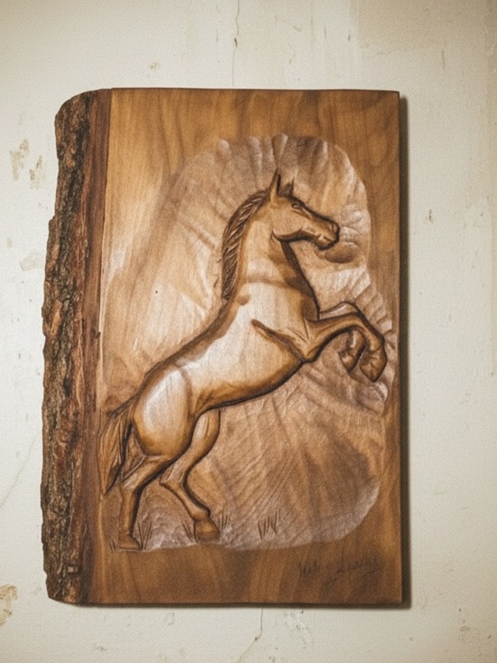 Hand-Carved Rearing Horse Wood Plaque 
Natural Wood
Helene Gauthier - signed
